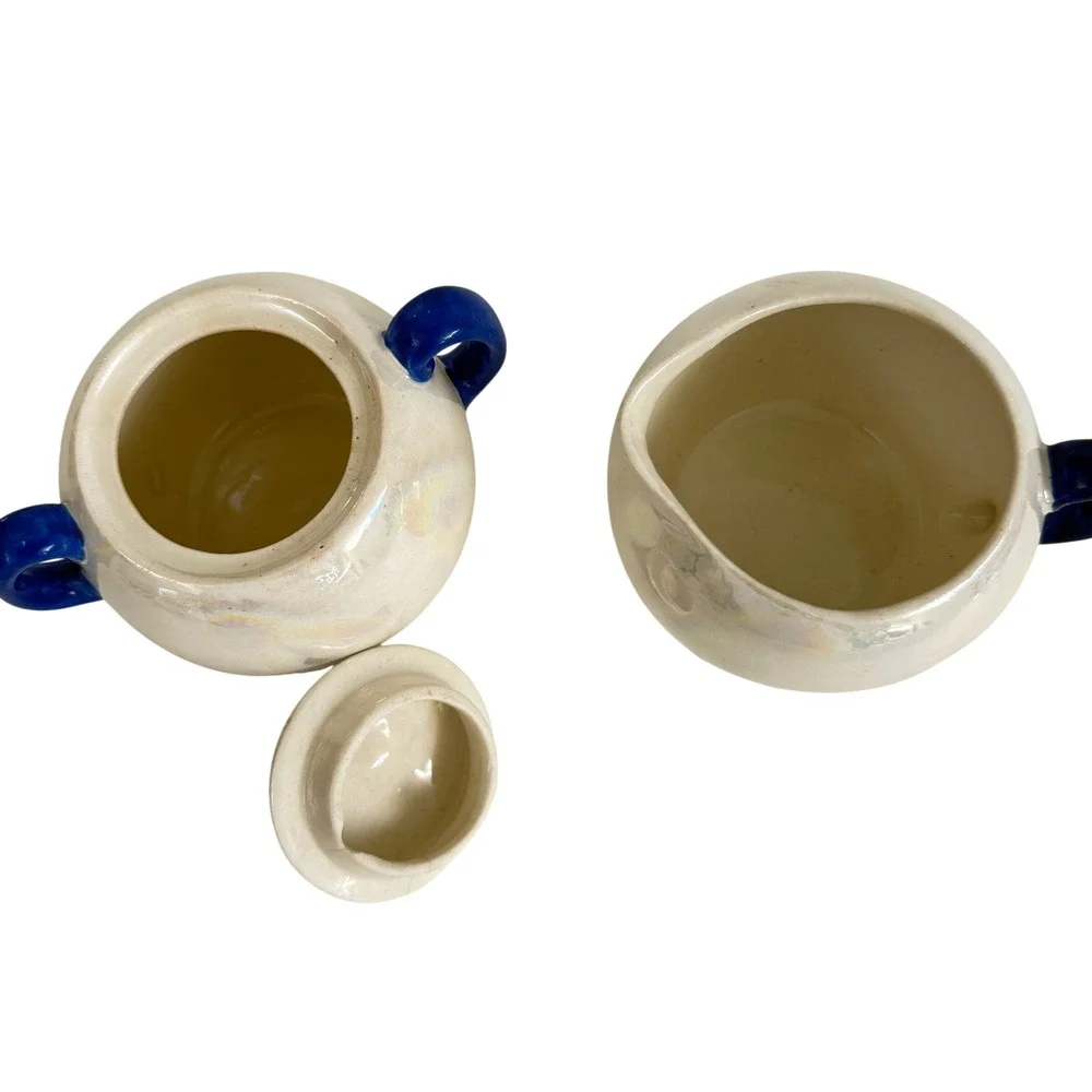 Vintage Czechoslovakia Lusterware Sugar Bowl Creamer Set Cobalt Blue Handles